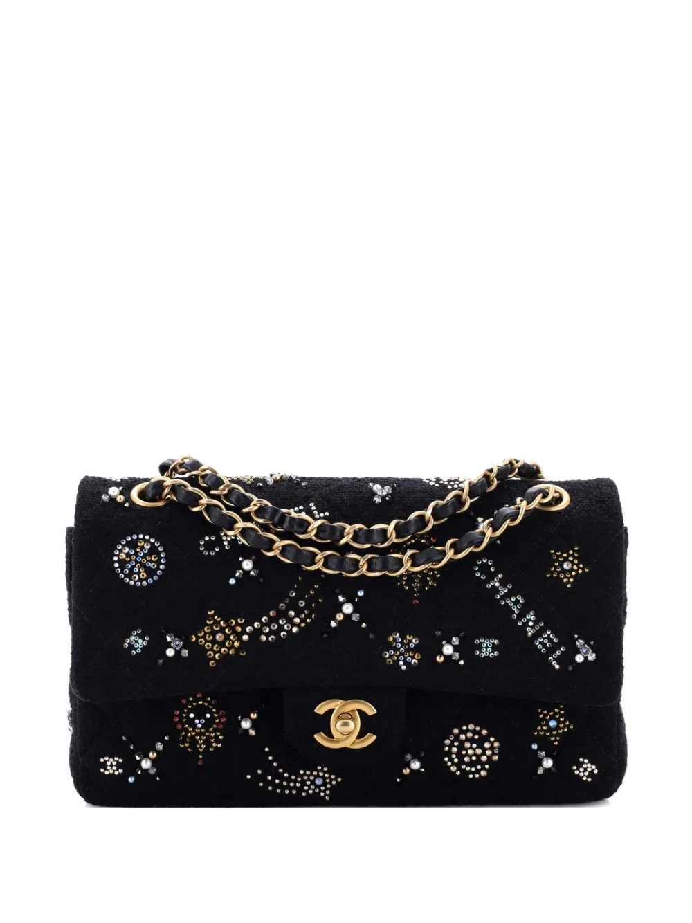 Pre-owned Chanel Classic Double Flap Bag Quilted Tweed With Faux Pearls And Crystals Medium Shoulder Bag In Black