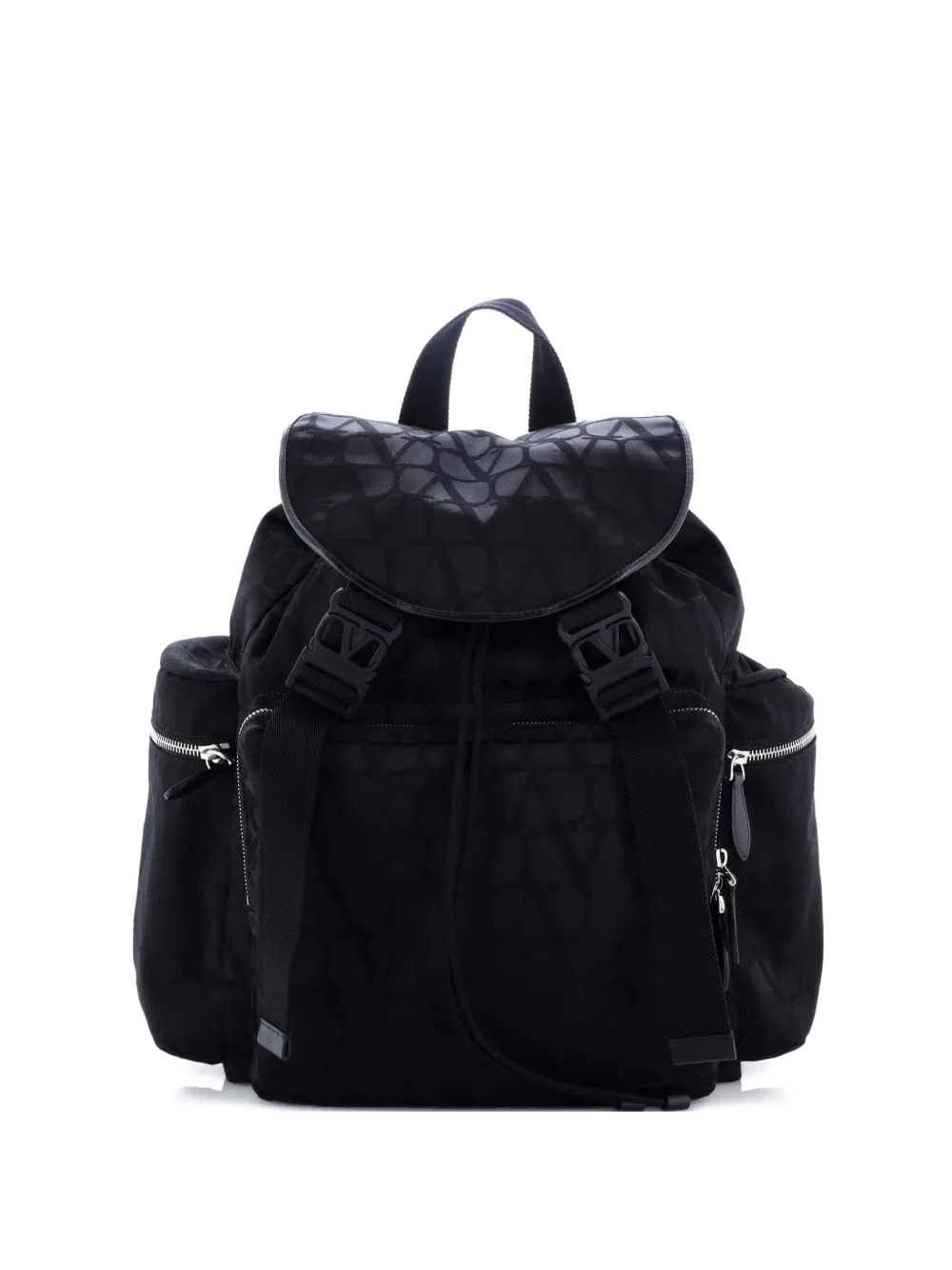 Pre-owned Valentino Garavani Double Buckle Toile Iconograph Nylon Backpack In Black