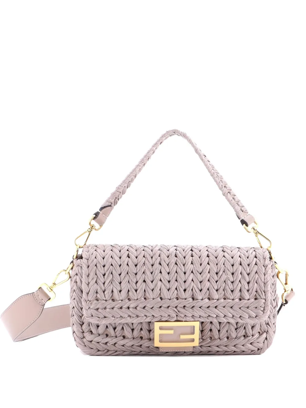 Pre-owned Fendi Baguette Nm Bag Woven Raffia Medium Shoulder Bag In Gray