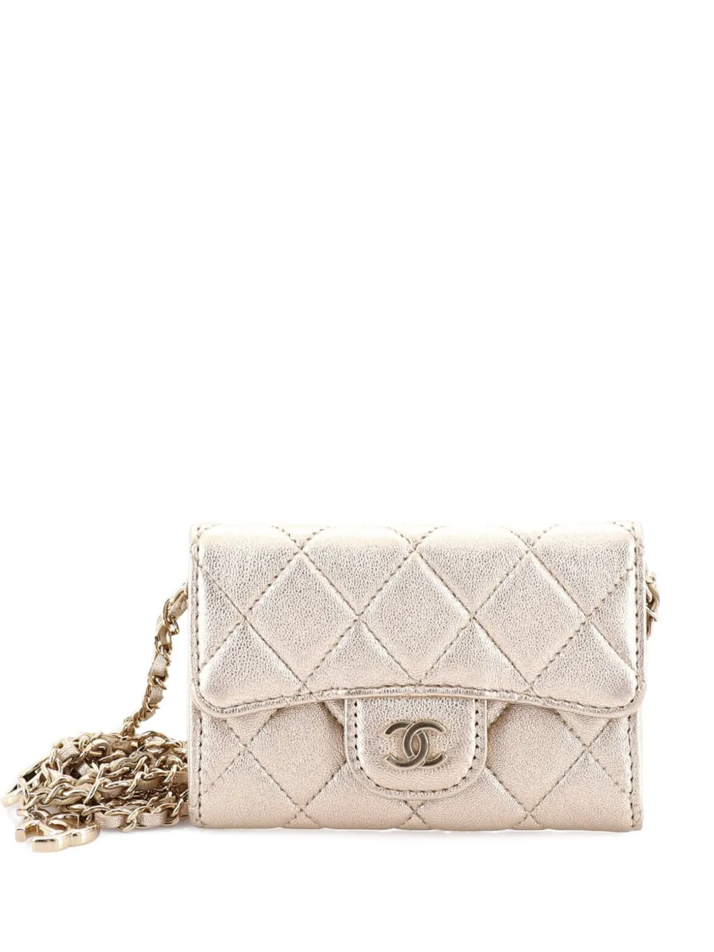 Pre-owned Chanel Classic Flap Chain Quilted Metallic Lambskin Mini Belt Bag In Gold