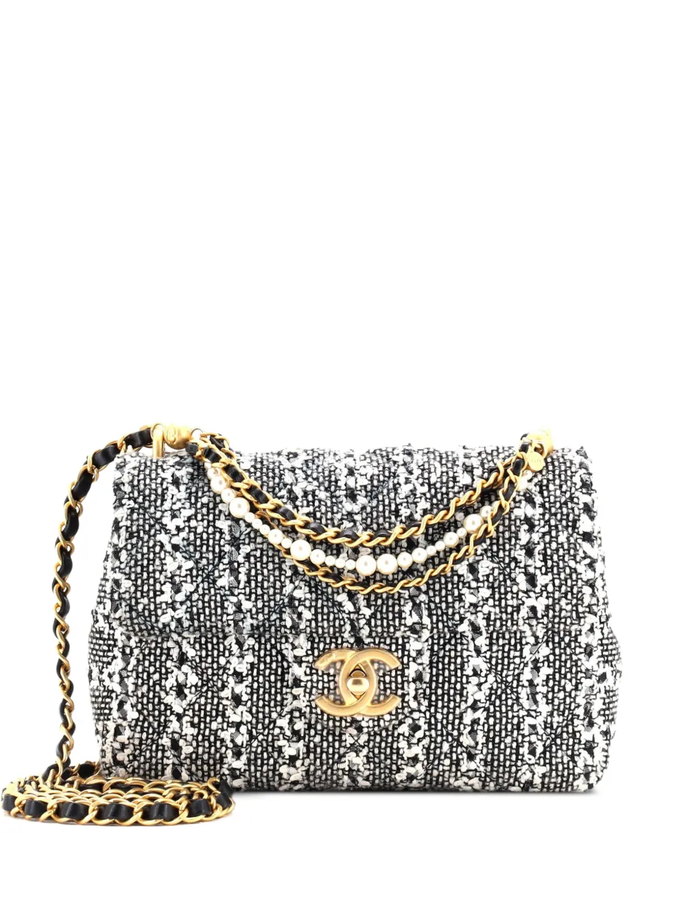 CHANEL Pre-Owned Pearl Chain CC Flap Bag Quilted Tweed Mini crossbody bag - Nero
