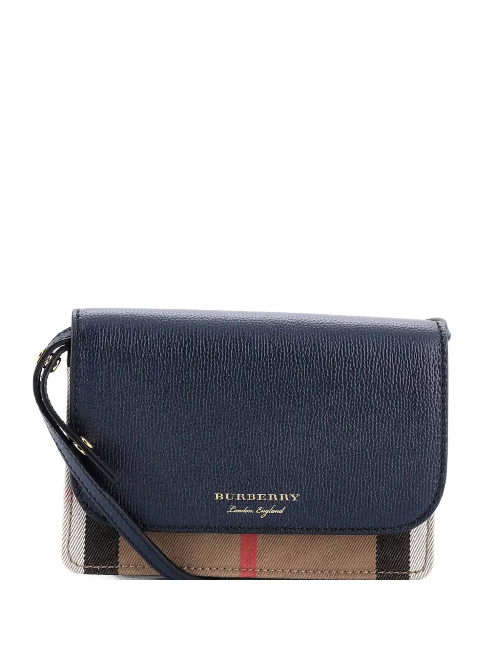 Pre-owned Burberry Hampshire Wallet On Chain Leather And House Check Canvas Crossbody Bag In Blue