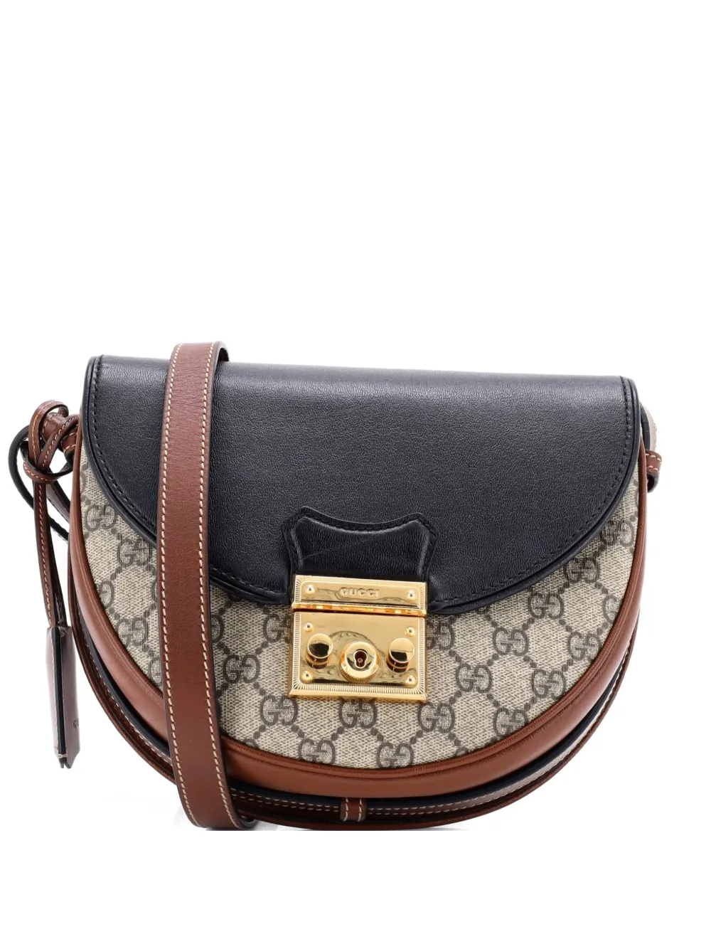 Pre-owned Gucci Padlock Saddle Shoulder Bag Gg Coated Canvas And Leather Small Crossbody Bag In Black