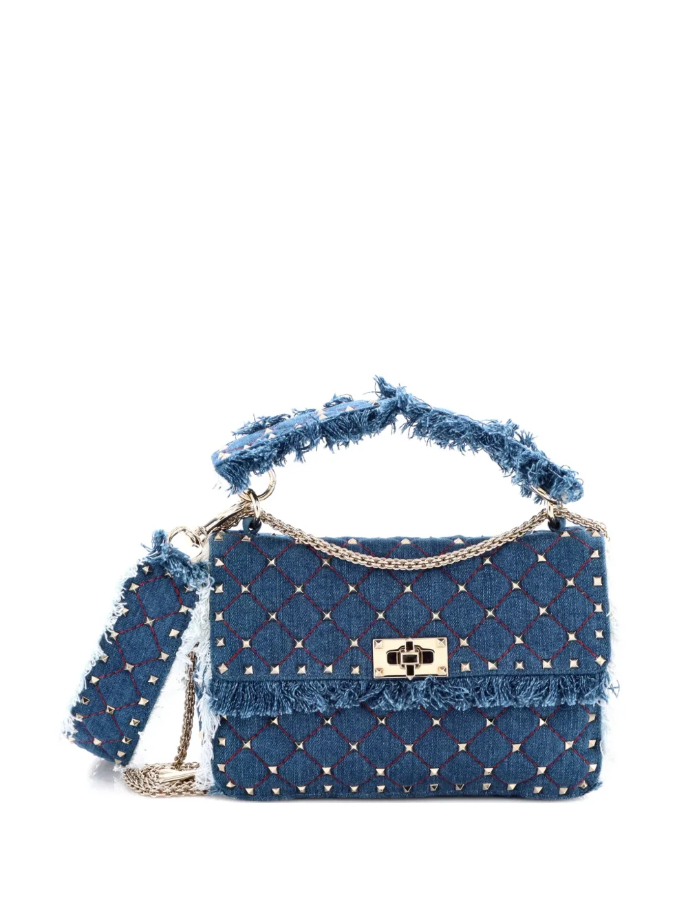 Pre-owned Valentino Garavani Rockstud Spike Flap Bag Quilted Denim Medium Shoulder Bag In Blue