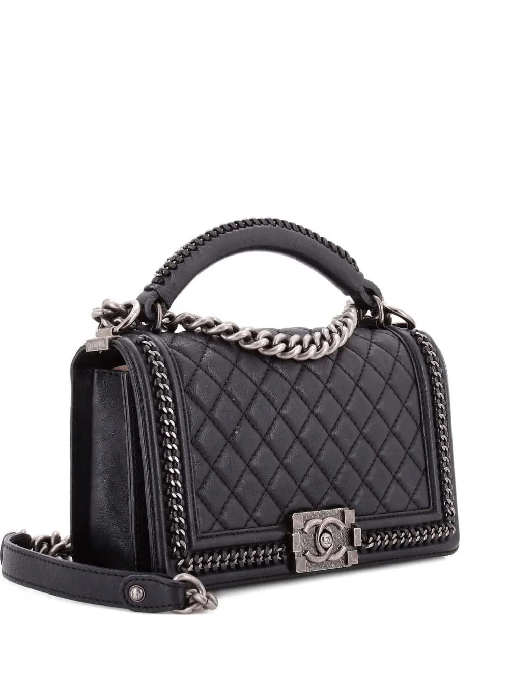 Pre-owned Chanel Chain Handle Boy Flap Bag Quilted Calfskin Old Medium Shoulder Bag In Black