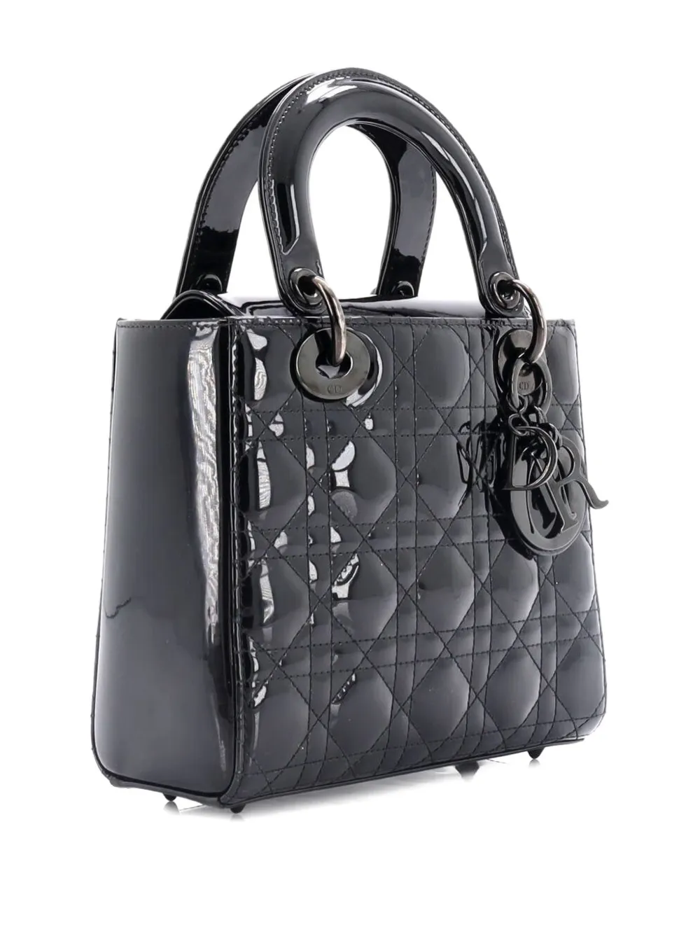 Pre-owned Dior Lady  Bag Cannage Quilt Patent Small Satchel In Black