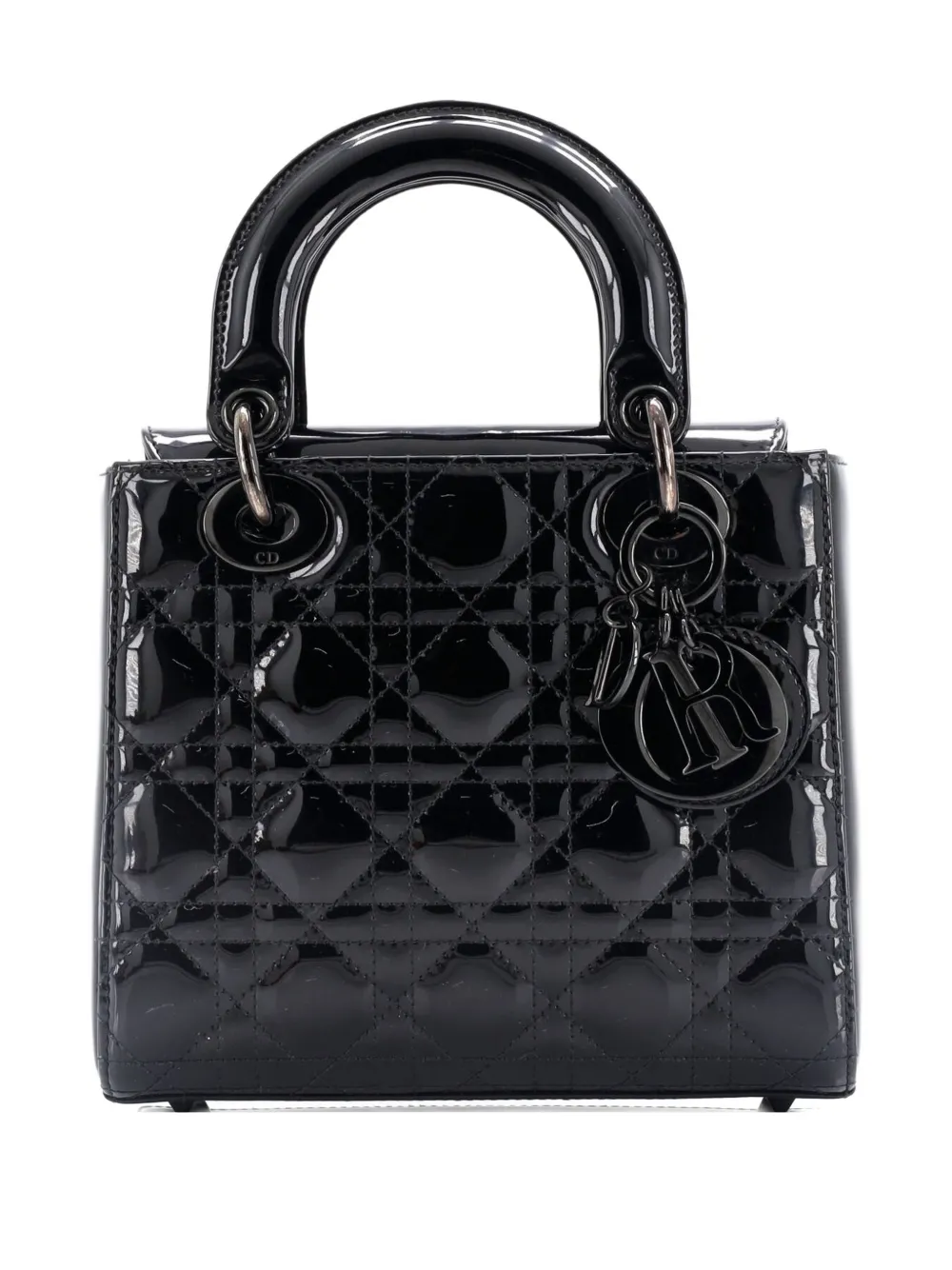 Pre-owned Dior Lady  Bag Cannage Quilt Patent Small Satchel In Black
