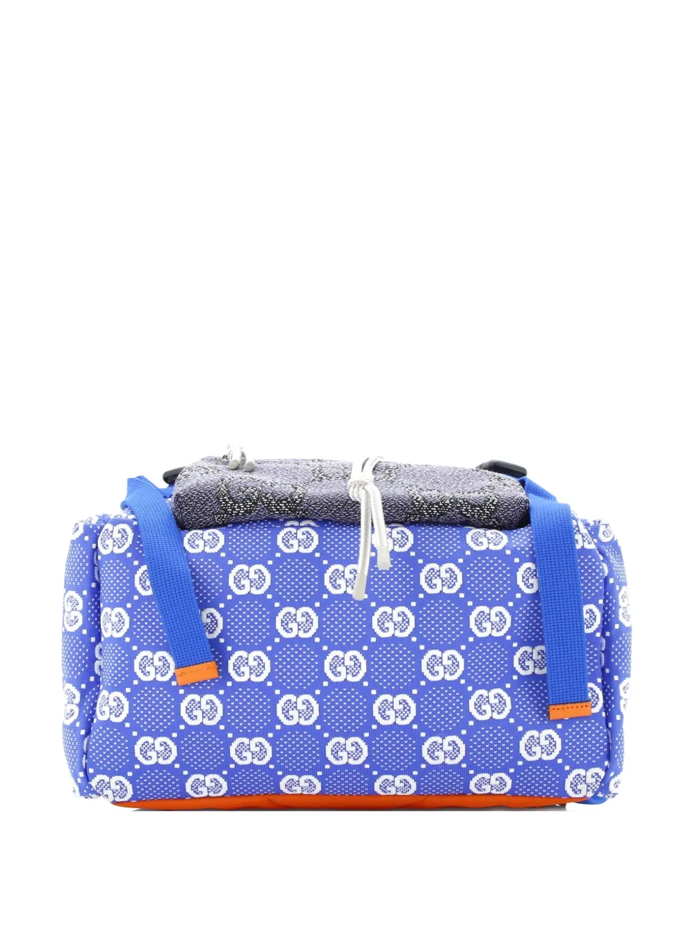 Pre-owned Gucci Panelled Double Buckle Gg Jacquard Nylon And Rubber Large Backpack In Blue