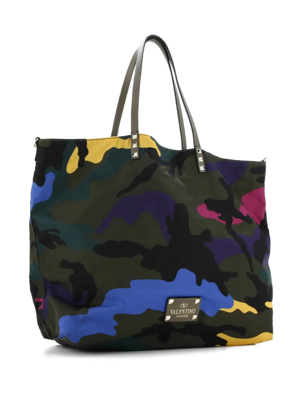 Pre-owned Valentino Garavani Rockstud Open Reversible Convertible Camo Nylon Medium Tote Bag In Multi