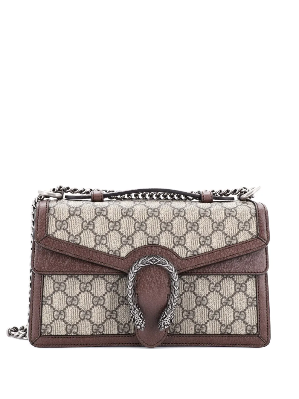 Pre-owned Gucci Dionysus Top Handle Chain Bag Gg Coated Canvas Small Satchel In Brown