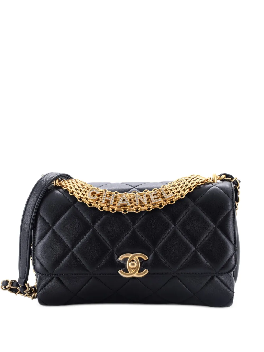 CHANEL Pre-Owned Crystal Logo Letters Chain Handle Flap Bag Quilted Lambskin Medium shoulder bag - Nero