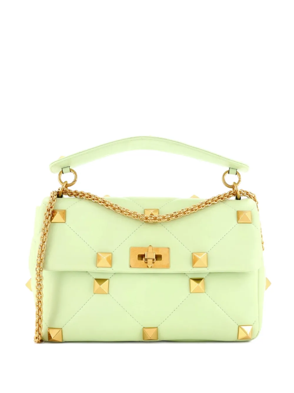 Pre-owned Valentino Garavani Roman Stud Flap Bag Quilted Leather Large Crossbody Bag In Green
