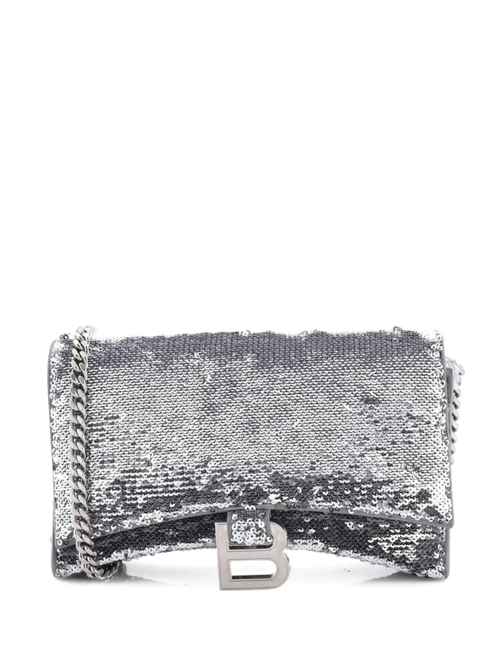 Pre-owned Balenciaga Hourglass Chain Wallet Leather With Sequins Crossbody Bag In Silver