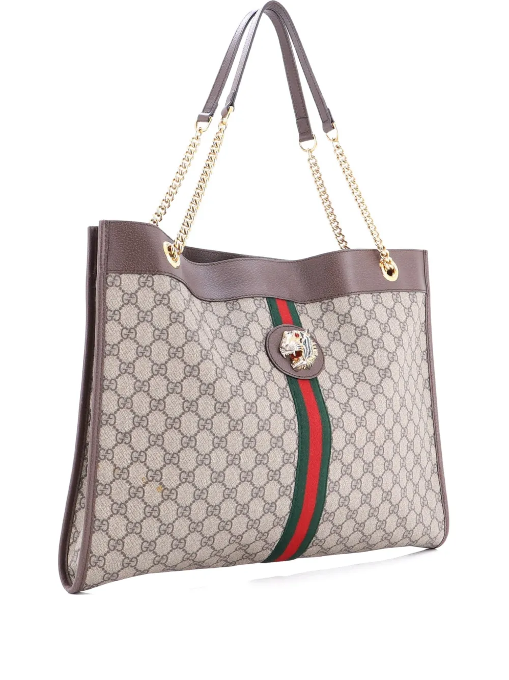 Pre-owned Gucci Rajah Chain Gg Coated Canvas Large Tote Bag In Brown