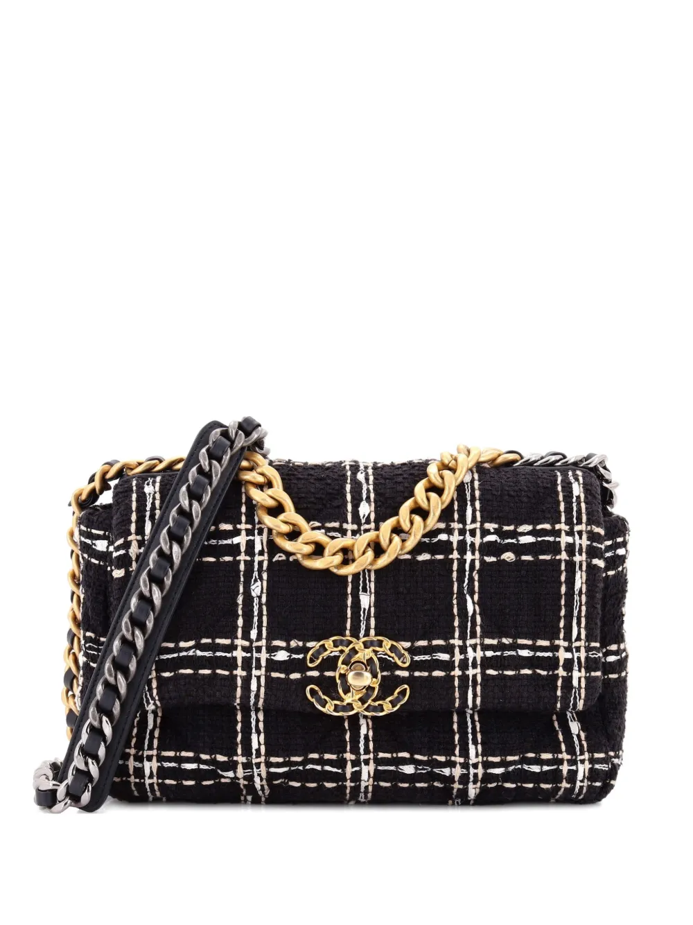 Pre-owned Chanel 19 Flap Bag Quilted Tweed Medium Crossbody Bag In Black