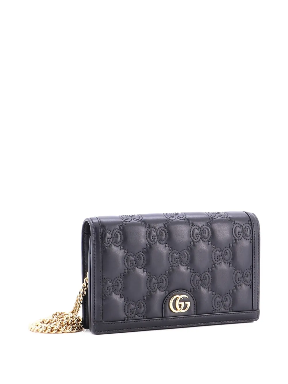 Pre-owned Gucci Petite Gg Marmont Chain Wallet Gg Matelasse Leather Mini Crossbody Bag In Black
