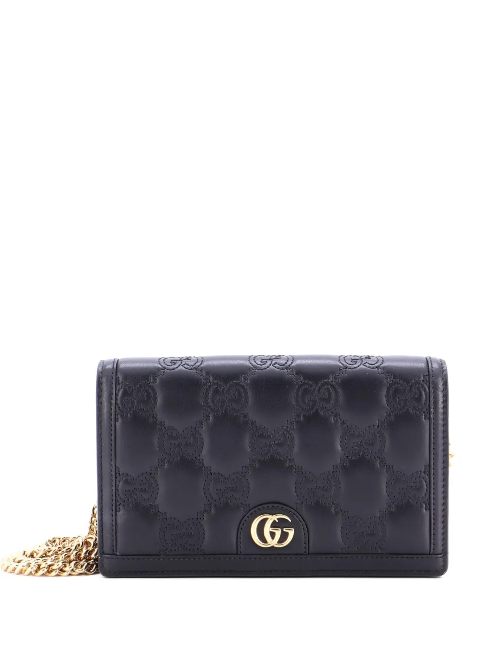 Pre-owned Gucci Petite Gg Marmont Chain Wallet Gg Matelasse Leather Mini Crossbody Bag In Black