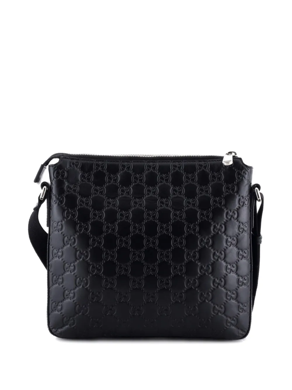 Pre-owned Gucci Signature Zip Messenger Bag Ssima Leather Small Crossbody Bag In Black