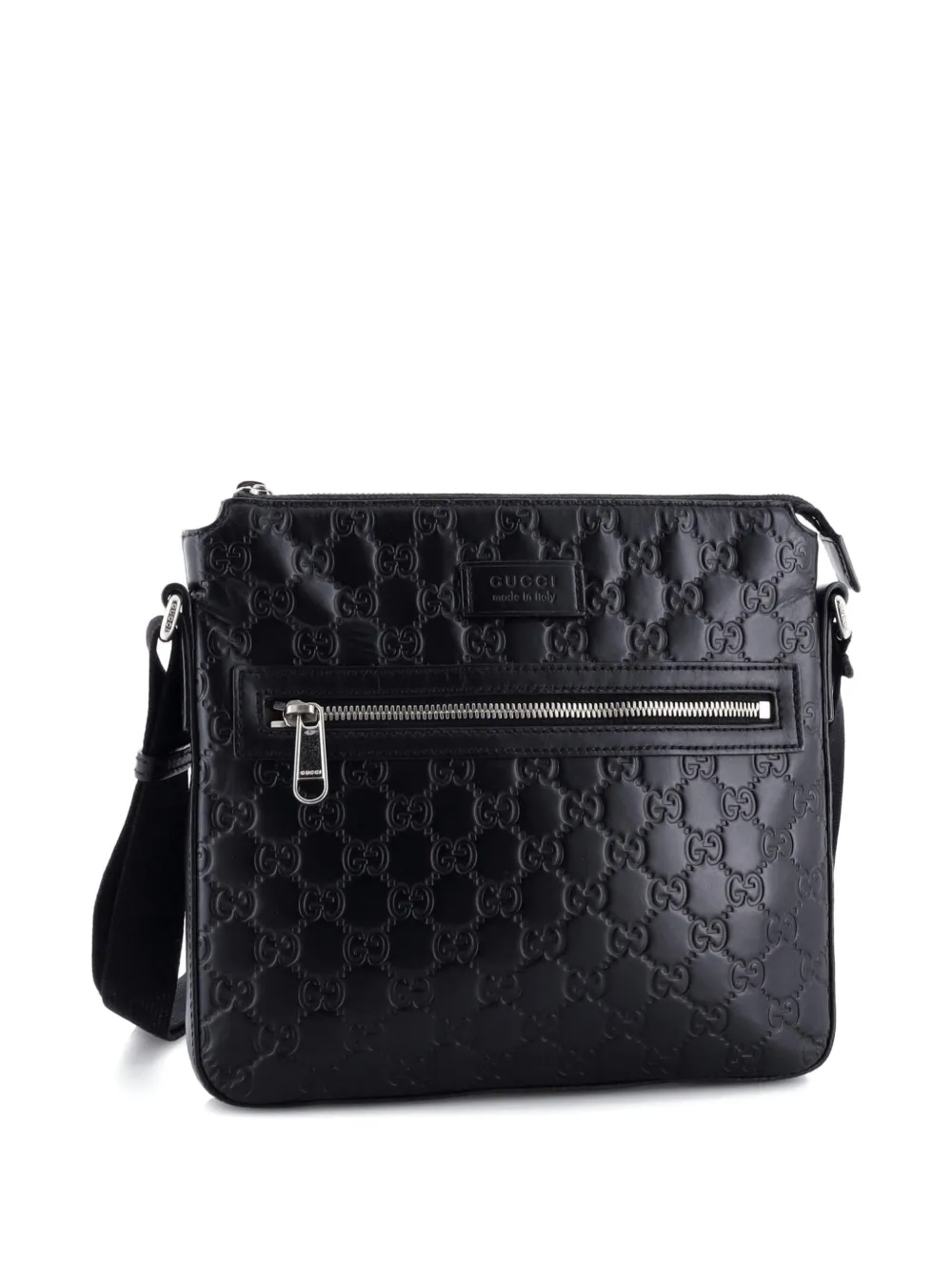 Pre-owned Gucci Signature Zip Messenger Bag Ssima Leather Small Crossbody Bag In Black