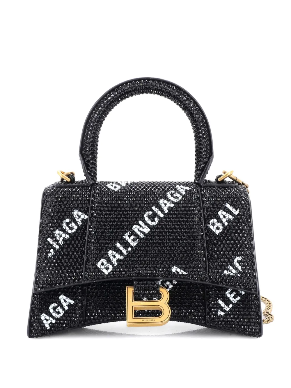 Pre-owned Balenciaga Hourglass Top Handle Bag Suede And Allover Logo Crystals Xs Satchel In Black