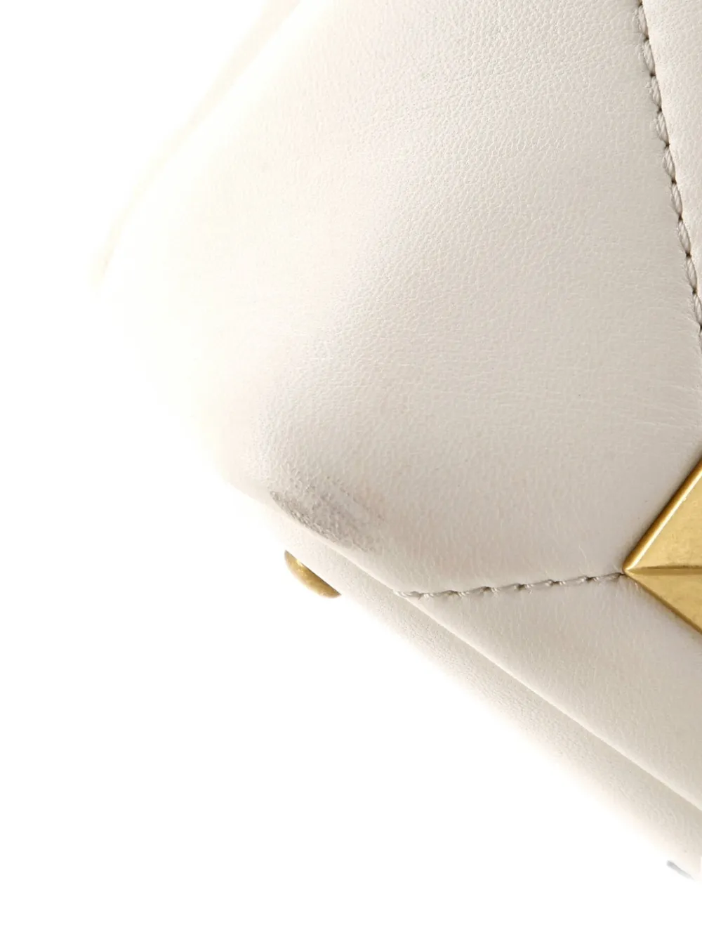 Pre-owned Valentino Garavani Roman Stud Top Handle Bag Quilted Leather Small Satchel In Neutral