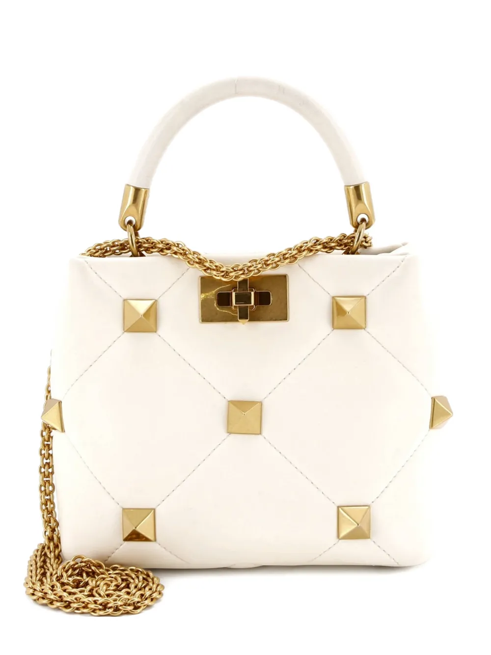 Pre-owned Valentino Garavani Roman Stud Top Handle Bag Quilted Leather Small Satchel In Neutral