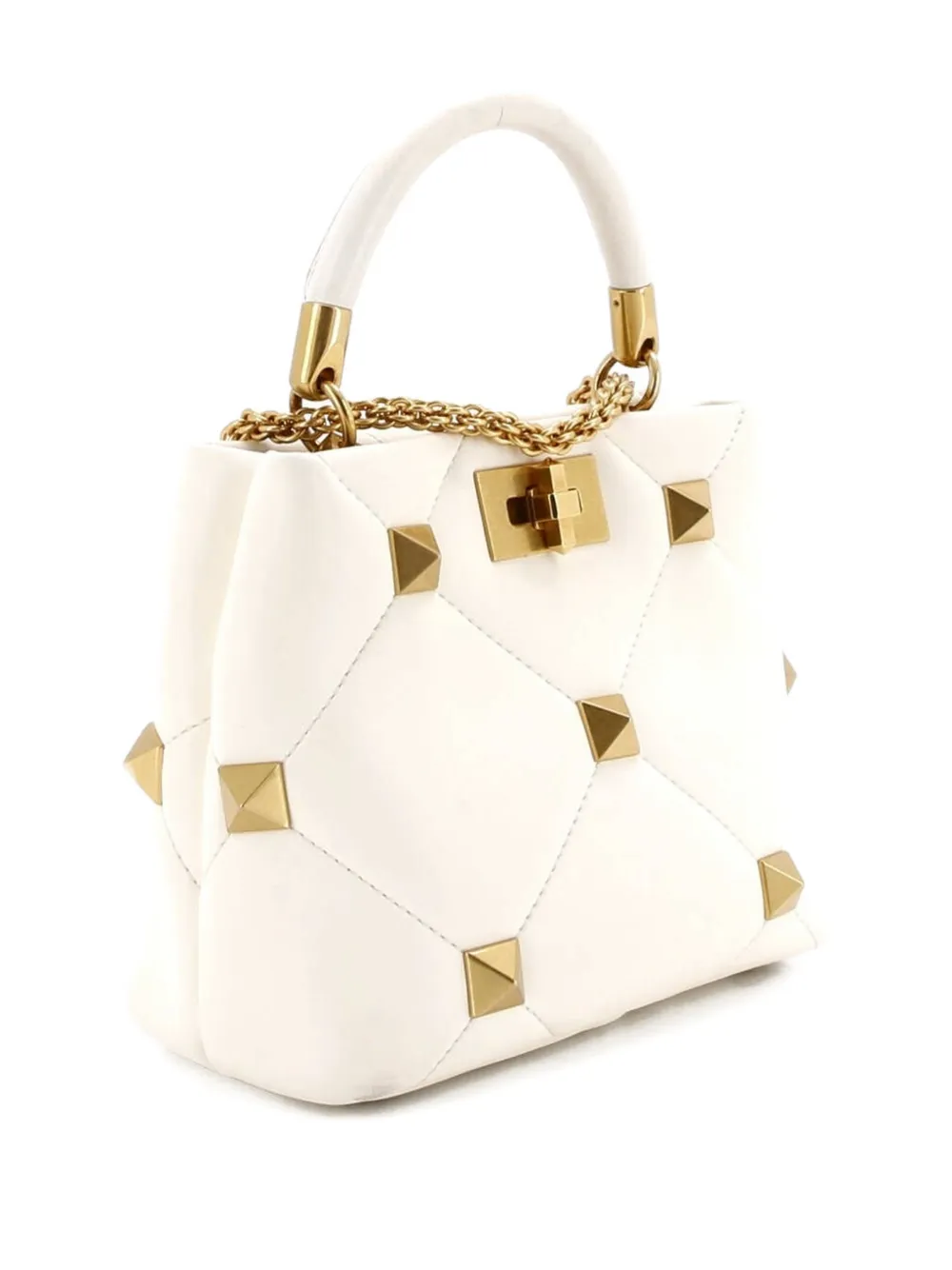 Pre-owned Valentino Garavani Roman Stud Top Handle Bag Quilted Leather Small Satchel In Neutral