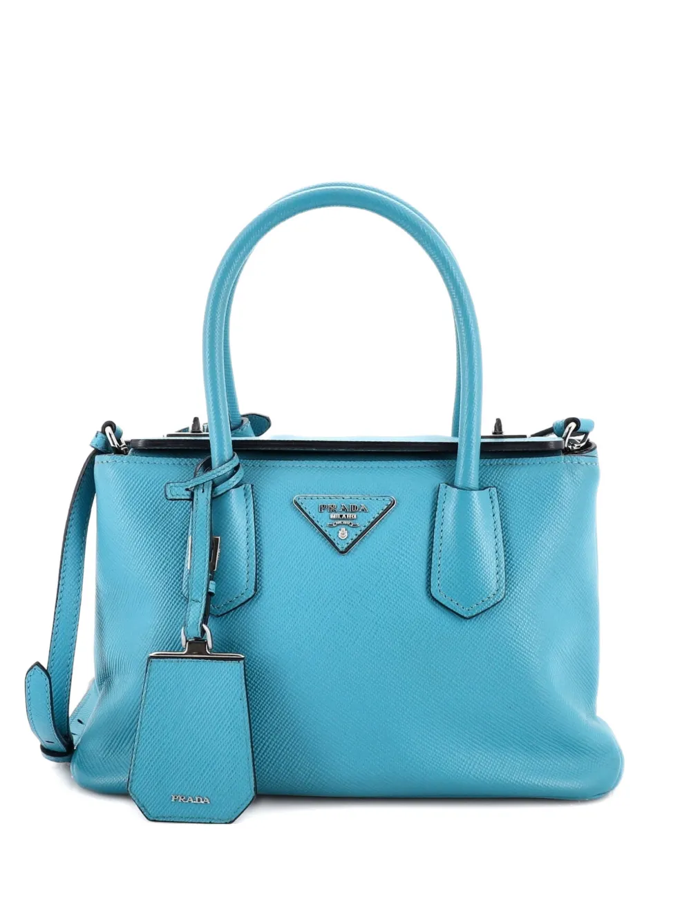 Pre-owned Prada Turnlock Cuir Twin Saffiano Leather Small Tote Bag In Blue