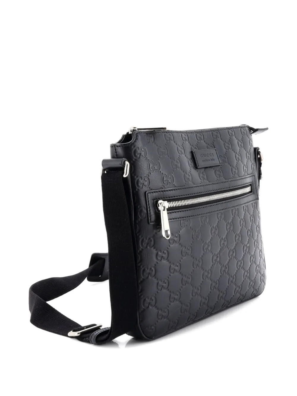 GUCCI Pre-owned Signature Zip Messenger Bag Ssima Leather Small Crossbody Bag In Black