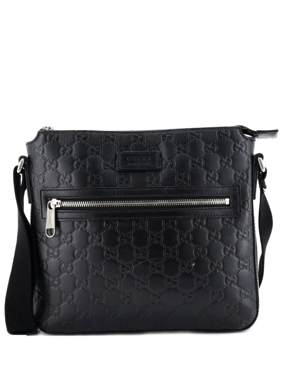 Pre-owned Gucci Signature Zip Messenger Bag Ssima Leather Small Crossbody Bag In Black
