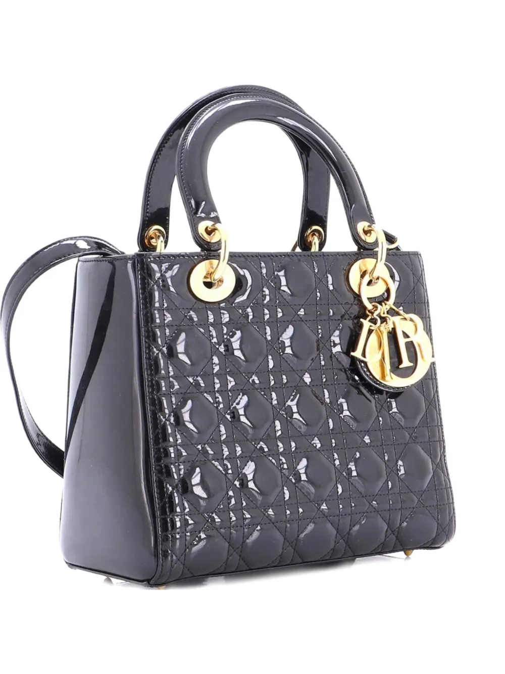 Pre-owned Dior Lady  Bag Cannage Quilt Patent Medium Satchel In Black