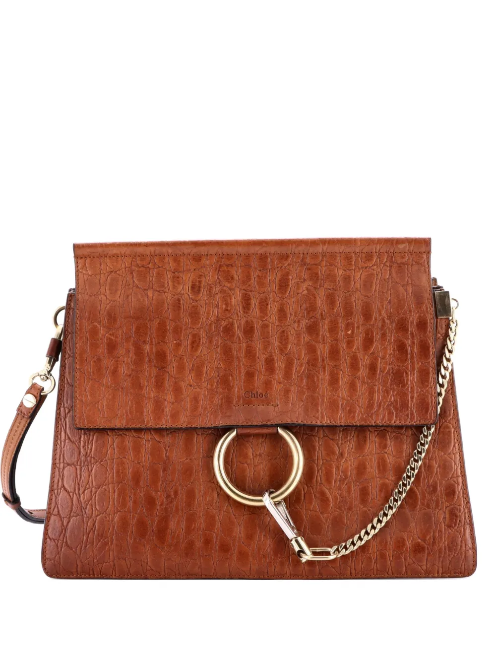 Pre-owned Chloé Faye Crocodile Embossed Leather Medium Shoulder Bag In Brown