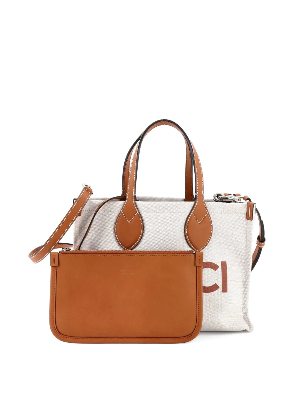 Pre-owned Gucci Logo Shopper Tote Printed Canvas Small Shoulder Bag In Neutral