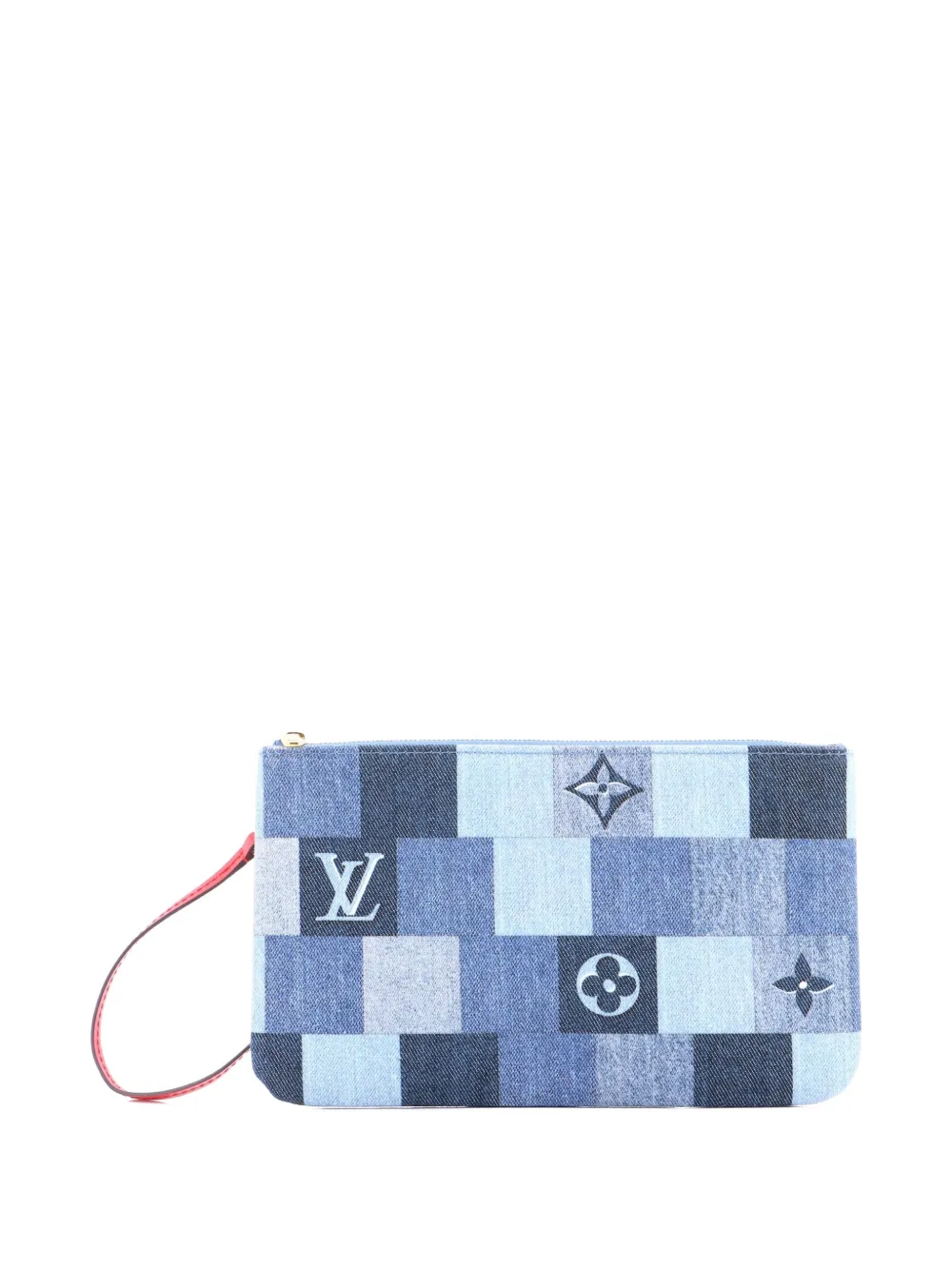 Pre-owned Louis Vuitton Neverfull Pochette Damier And Monogram Patchwork Denim Large Pouch In Blue