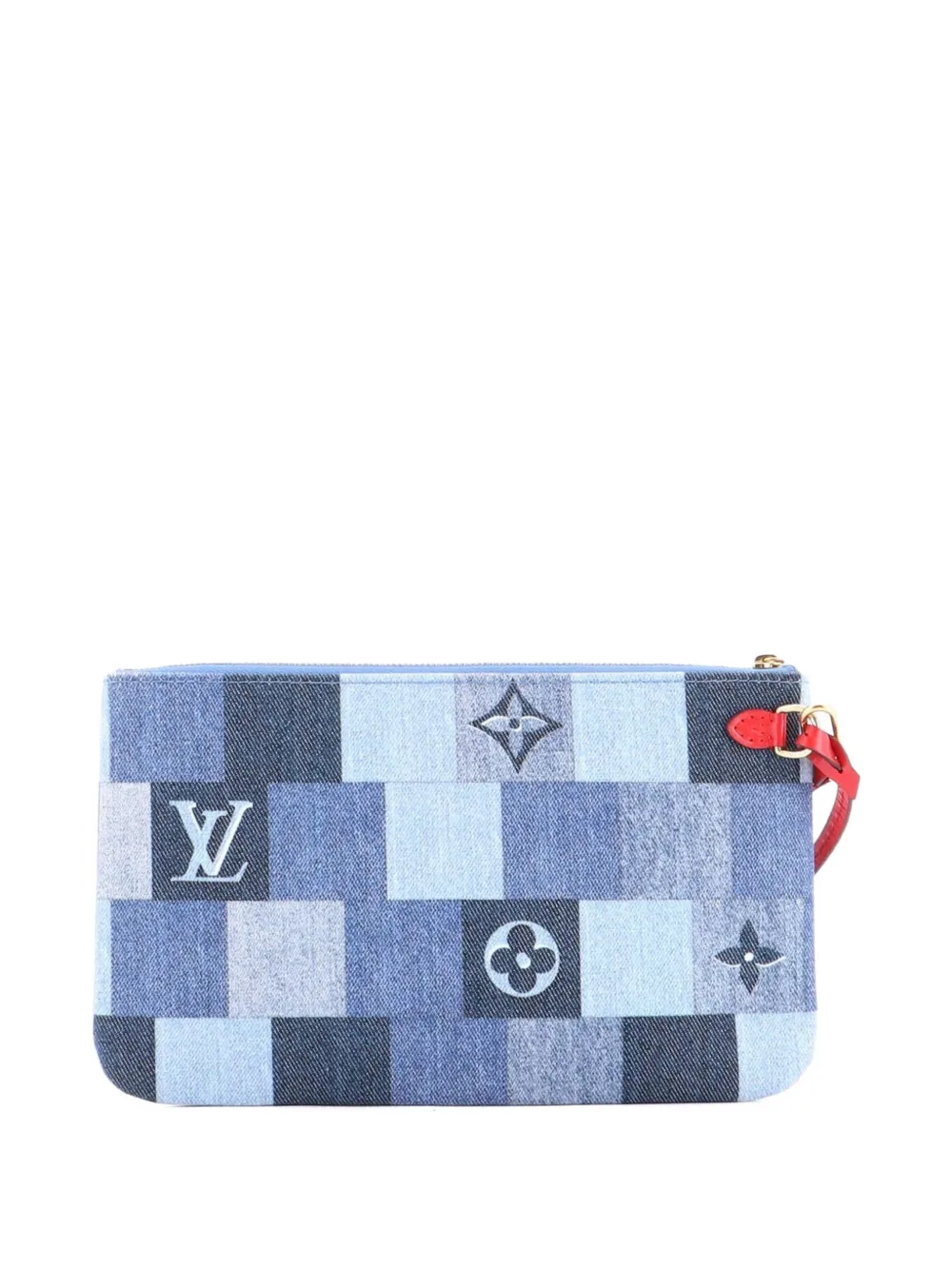 Pre-owned Louis Vuitton Neverfull Pochette Damier And Monogram Patchwork Denim Large Pouch In Blue