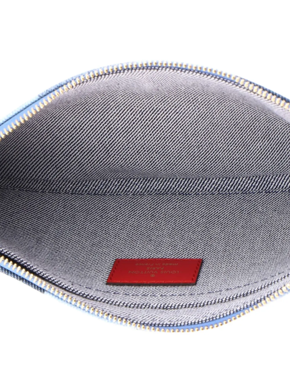 Pre-owned Louis Vuitton Neverfull Pochette Damier And Monogram Patchwork Denim Large Pouch In Blue