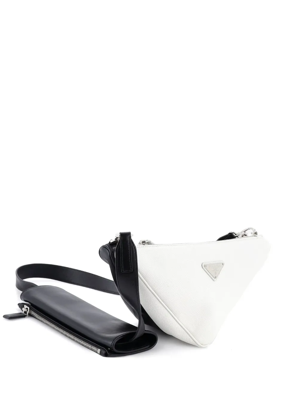 Prada Pre-Owned Double Triangle Logo Zip Shoulder Bag Saffiano Leather and Leather crossbody bag - Bianco