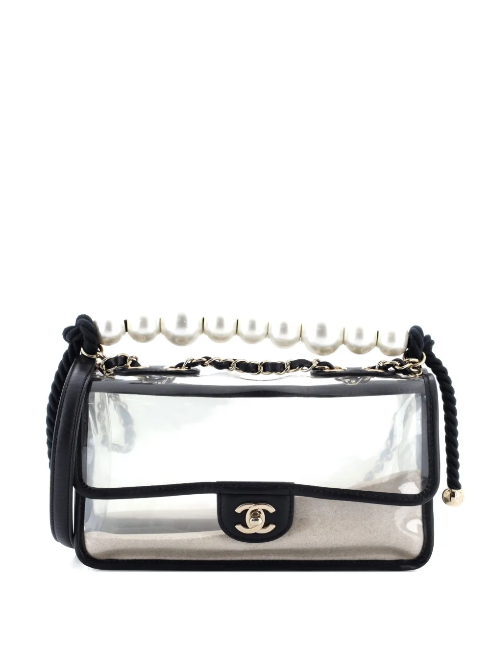 Pre-owned Chanel Sand By The Sea Pearl Flap Bag Pvc With Lambskin Medium Shoulder Bag In Black