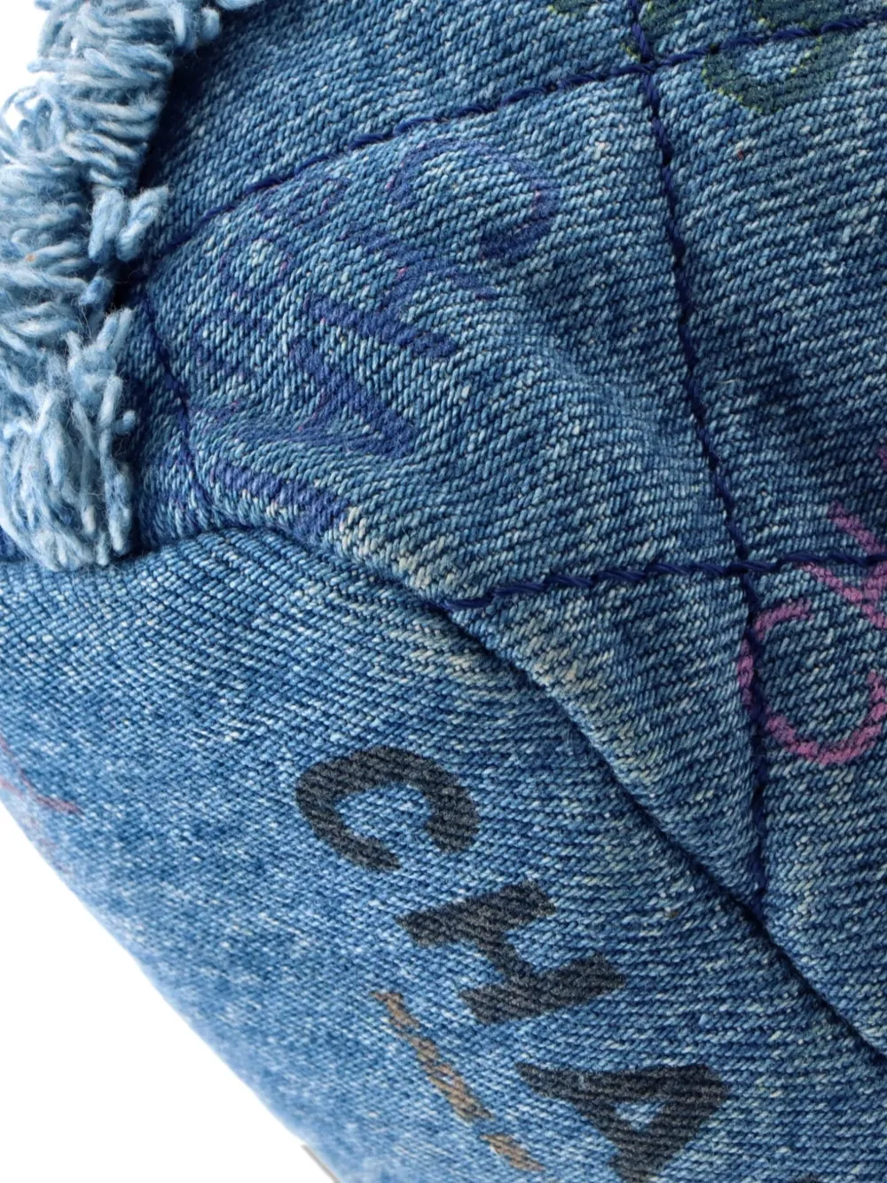 CHANEL Pre-owned Denim Mood Chain Logo Printed Quilted Fringe Denim Medium Bucket Bag In Blue