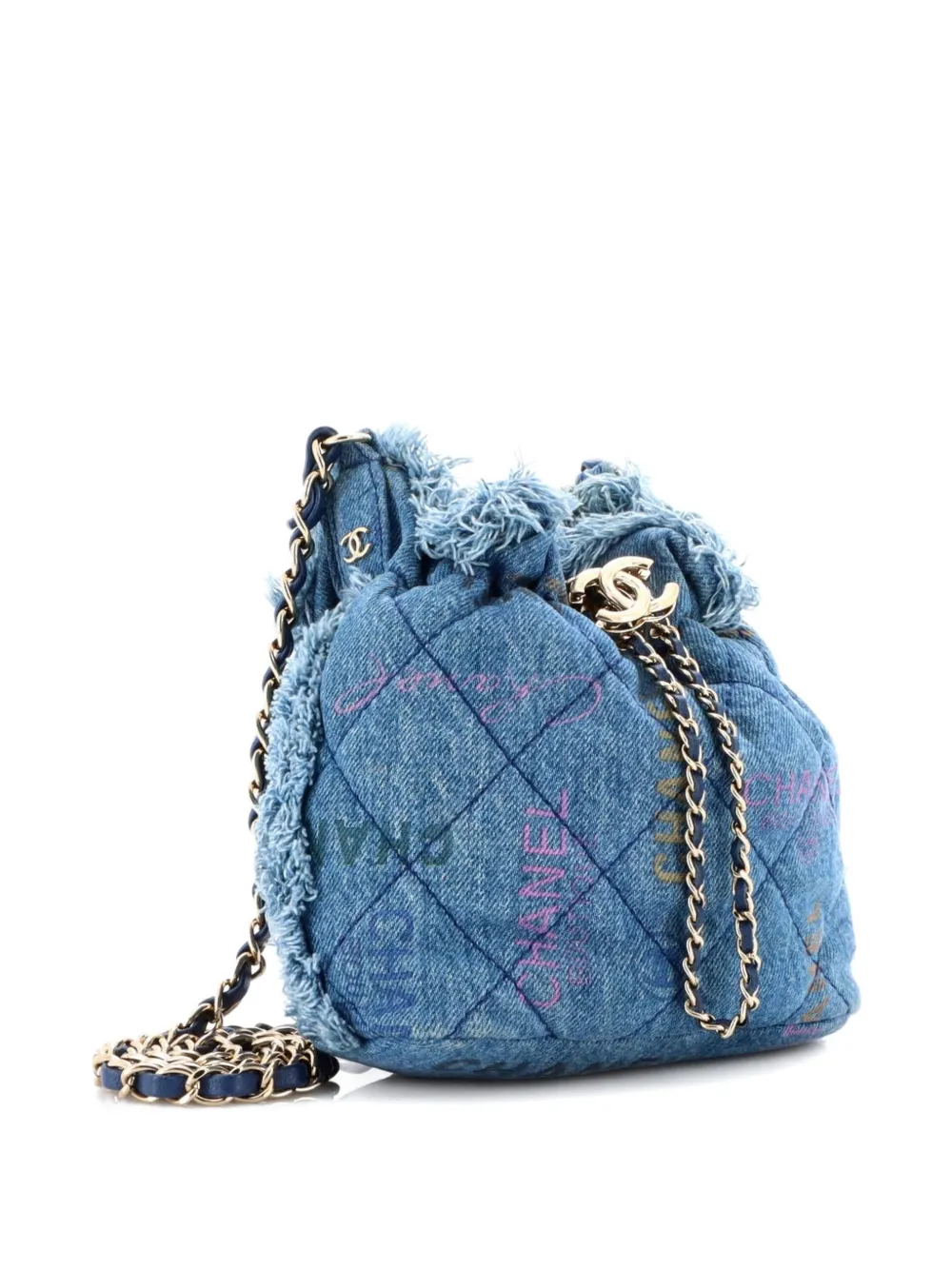 CHANEL Pre-owned Denim Mood Chain Logo Printed Quilted Fringe Denim Medium Bucket Bag In Blue