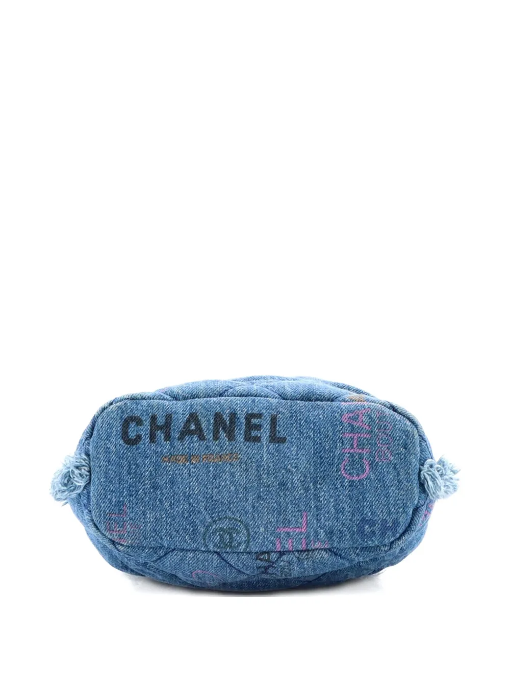 CHANEL Pre-owned Denim Mood Chain Logo Printed Quilted Fringe Denim Medium Bucket Bag In Blue