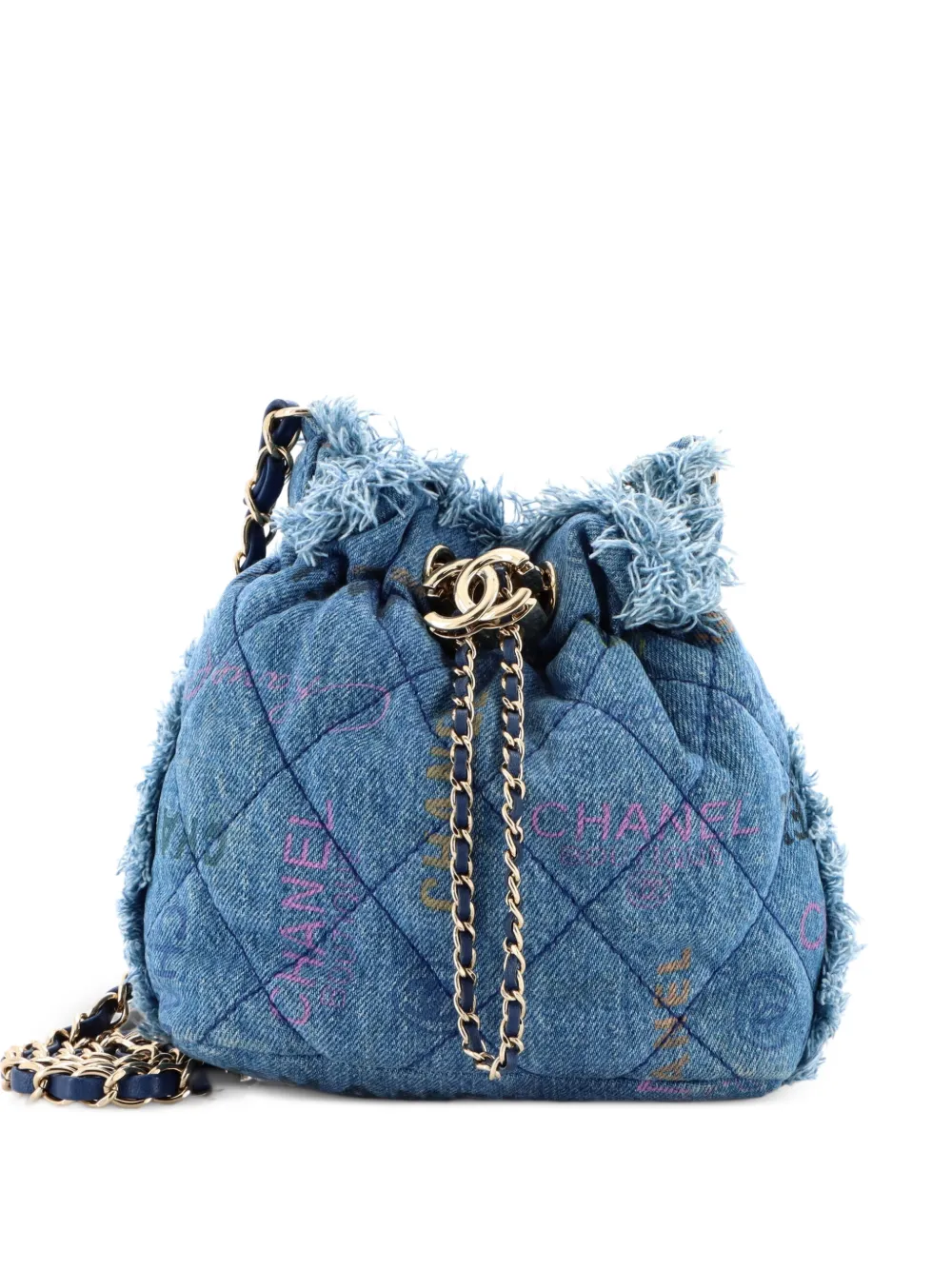 CHANEL Pre-Owned Denim Mood Chain Logo Printed Quilted Fringe Denim Medium bucket bag - Blu