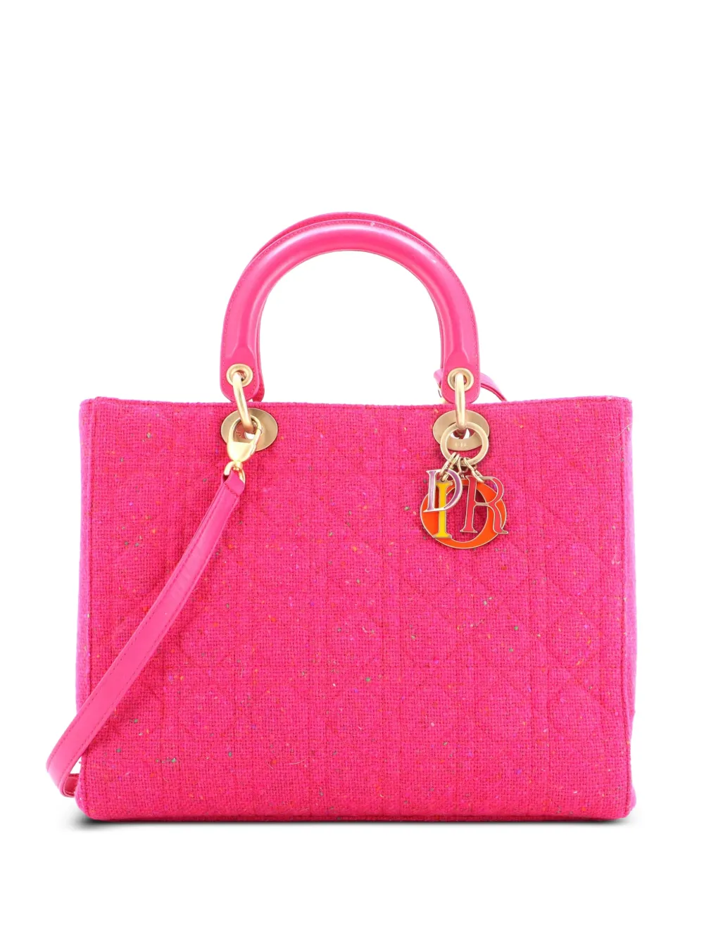 Pre-owned Dior Lady Bag Cannage Quilt Tweed With Leather Large Tote Bag In Pink