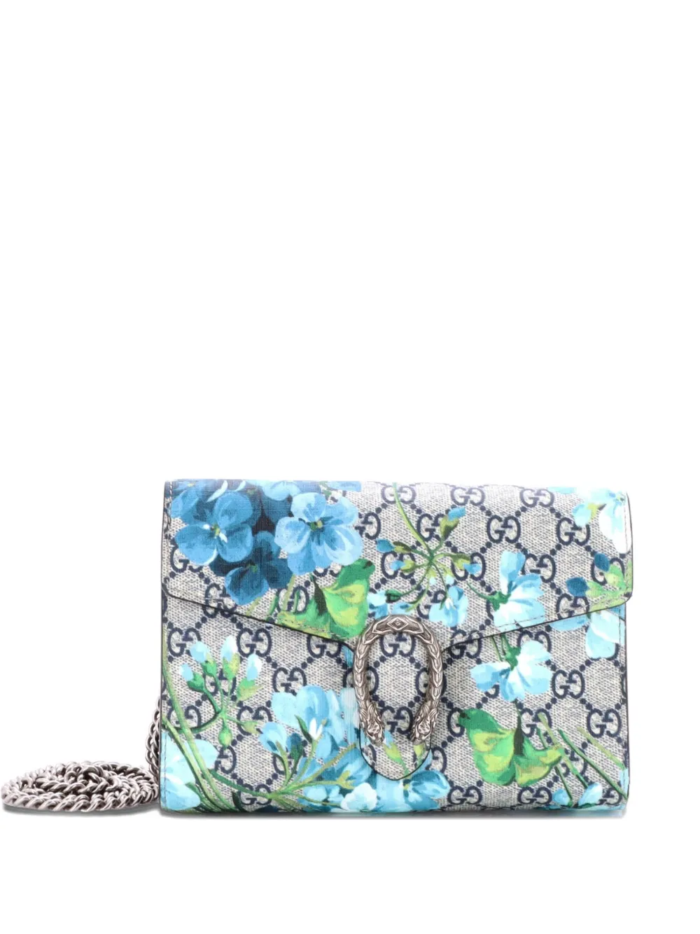 Pre-owned Gucci Dionysus Chain Wallet Blooms Print Gg Coated Canvas Small Crossbody Bag In Blue