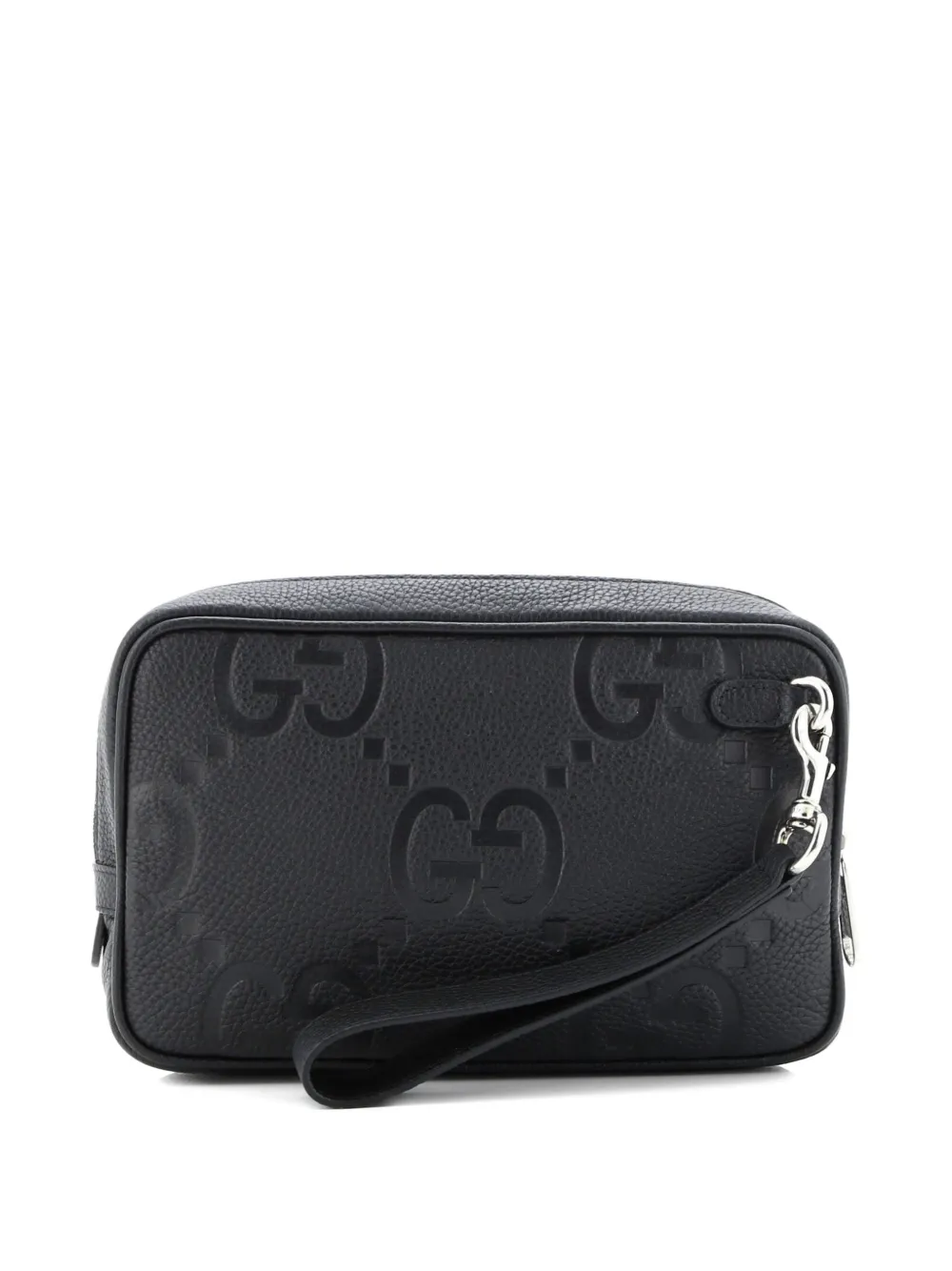Pre-owned Gucci Wristlet Jumbo Gg Embossed Leather Pouch In Black