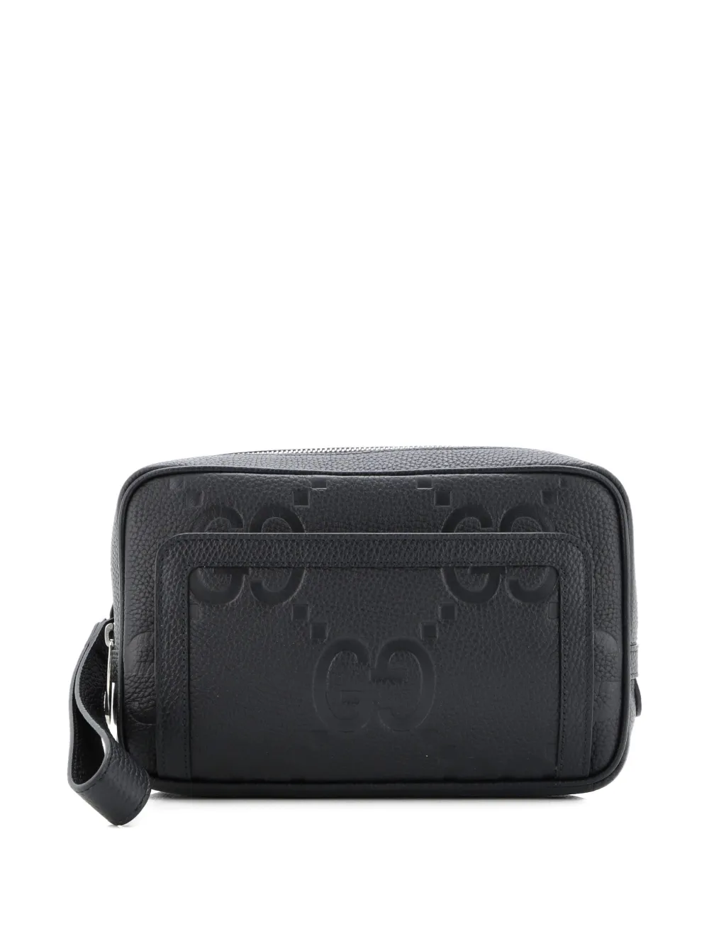 Pre-owned Gucci Wristlet Jumbo Gg Embossed Leather Pouch In Black