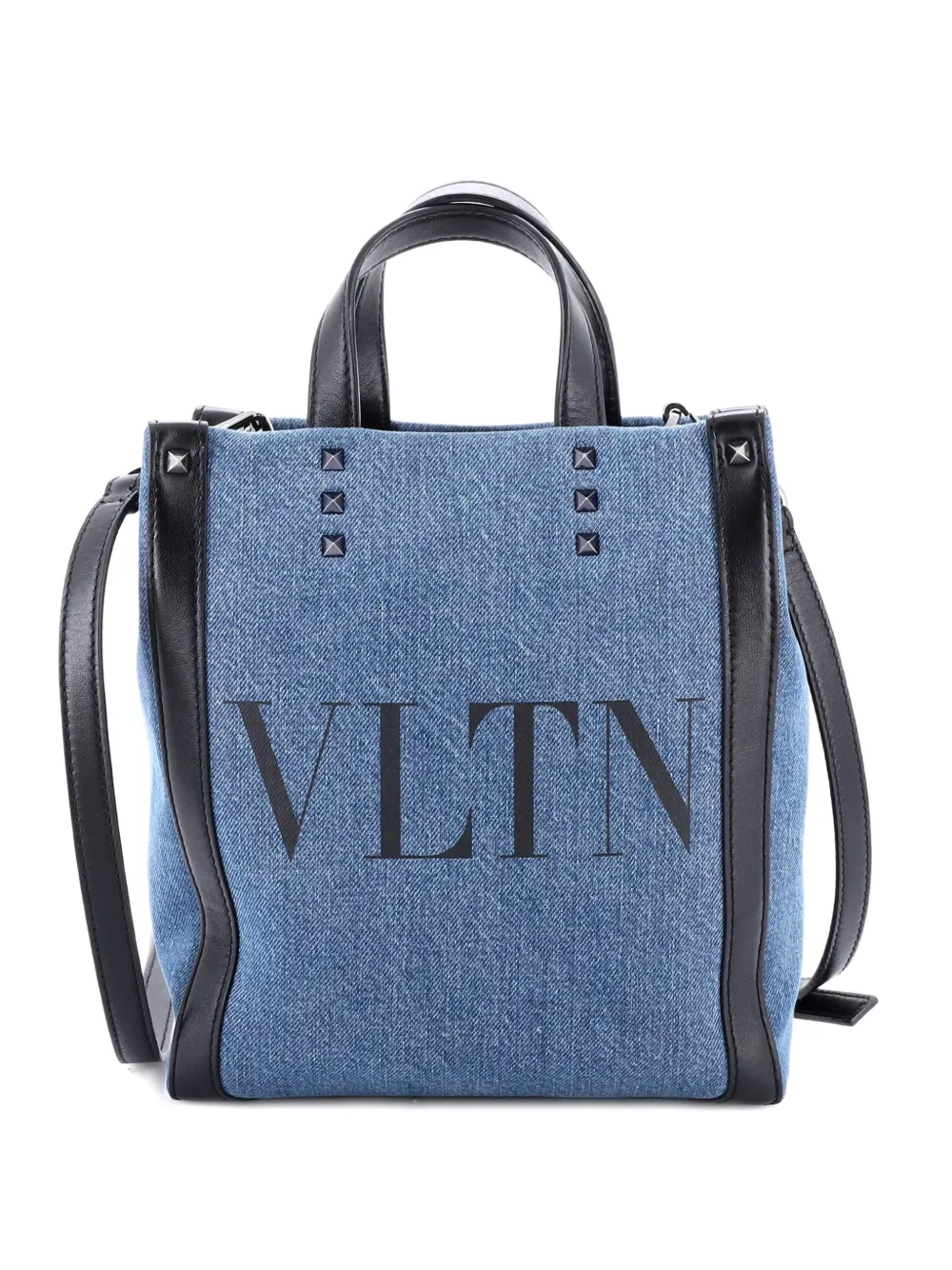 Pre-owned Valentino Garavani Grande Plage Vltn Denim Mini Tote Bag In Black