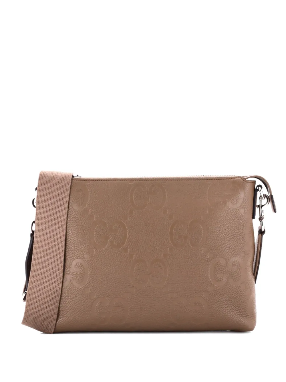 Pre-owned Gucci Zip Messenger Bag Jumbo Gg Embossed Leather Medium Clutch Bag In Neutral