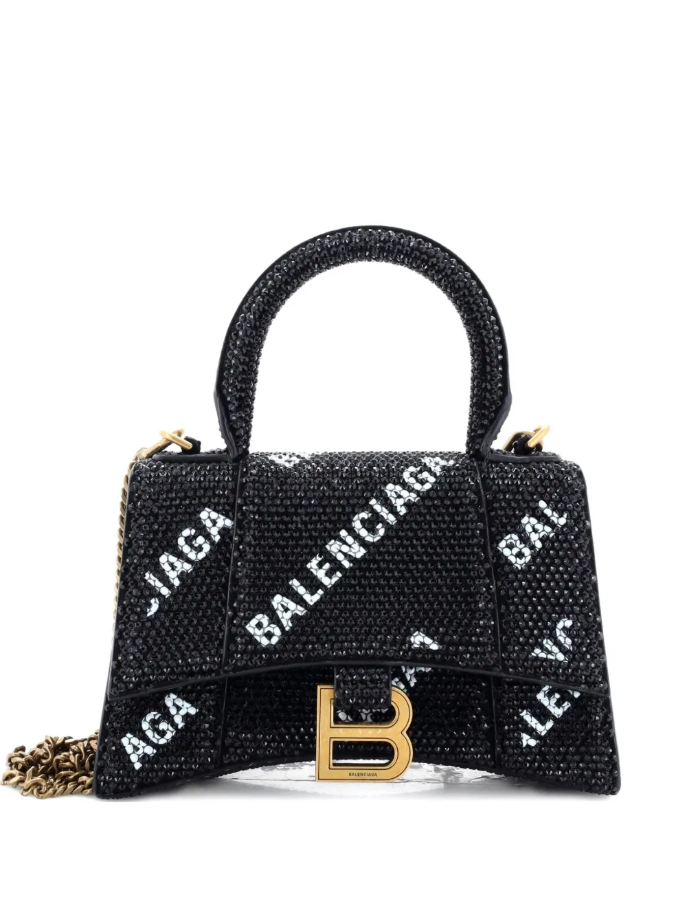Balenciaga Pre-Owned Hourglass Top Handle Bag Suede and Allover Logo Crystals XS satchel - Schwarz