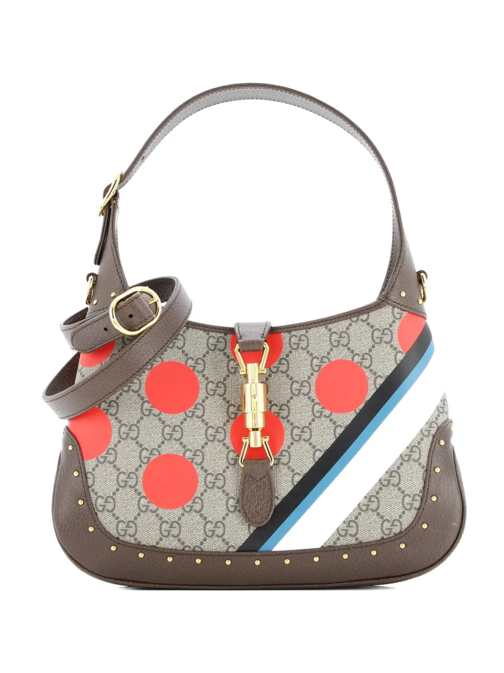 Pre-owned Gucci Jackie 1961 Studded Printed Gg Coated Canvas Small Hobo Bag In Brown